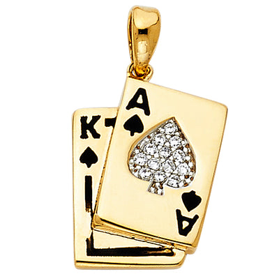 14K Yellow Gold 13mm CZ Spade A and K Card Pendant