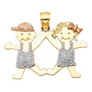 14k Tri Color Gold 30mm Girl And Boy Pendant