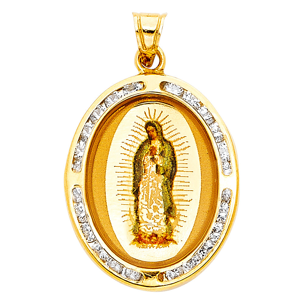 14K Yellow Gold 17mm Guadlupe CZ Religious Pendant