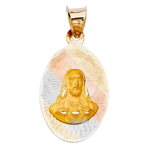 14K Tri Color 13mm DC Religious Jesus with Heart Stamp Pendant
