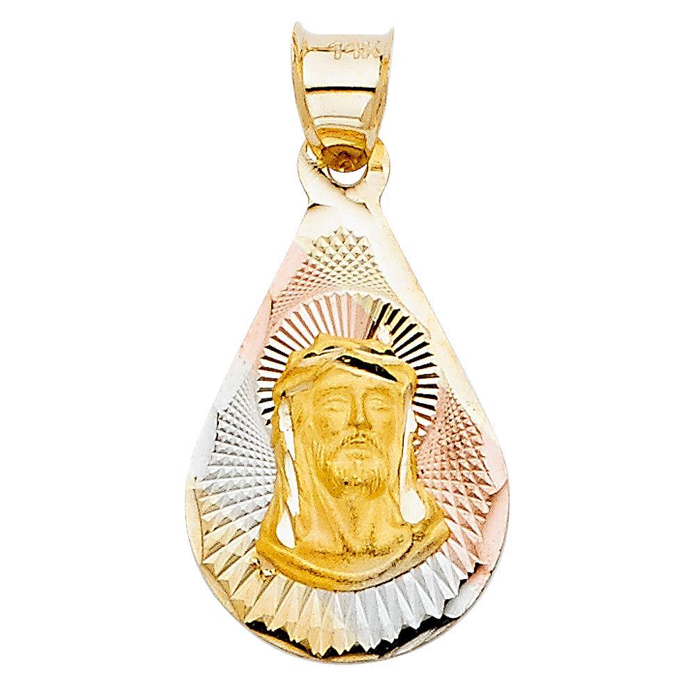 14K Tri Color 12mm Religious Jesus Stamp Pendant
