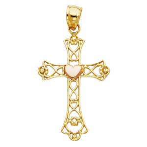 14K Two Tone 18mm Heart Cross Pendant