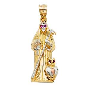 14K Two Tone Gold 11mm Santa Muerte Religious Pendant