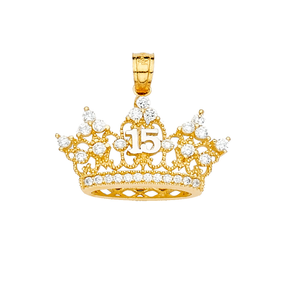 14K Yellow Gold 22mm 15 YEARS CZ CROWN PENDANT