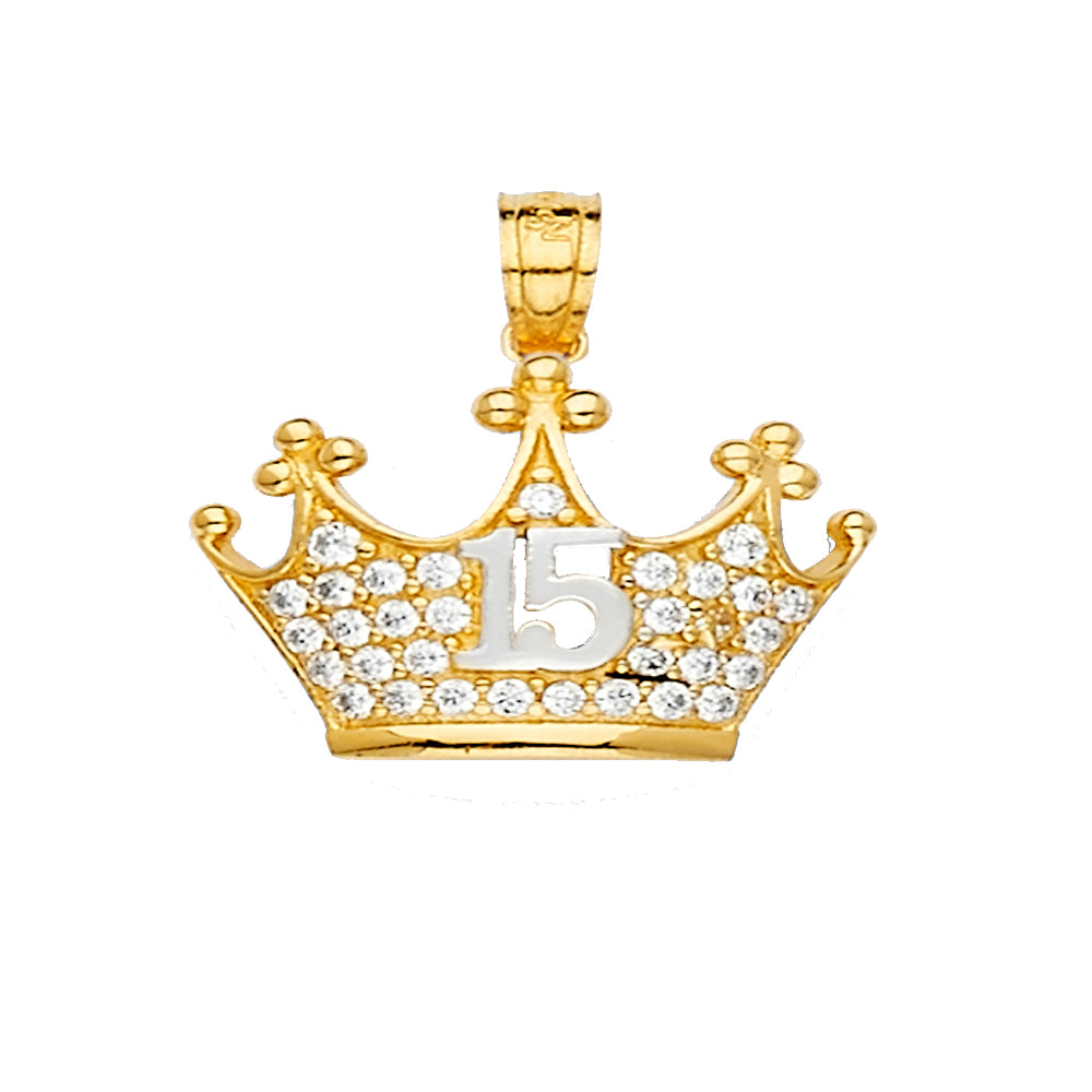 14K Yellow Gold 18mm 15 YEARS CZ CROWN PENDANT