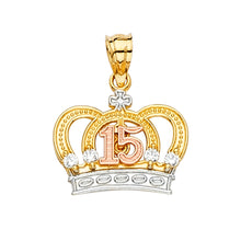 Load image into Gallery viewer, 14K Two Tone 17mm 15 YEARS CZ CROWN PENDANT