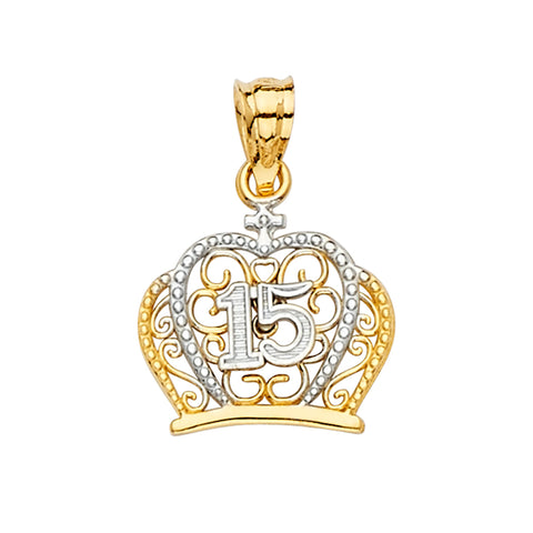 14K Two Tone 15mm 15 YEARS CZ CROWN PENDANT