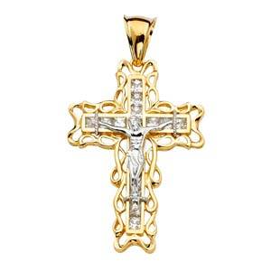 14K Yellow Gold Two Tone 33mm Religious Crucifix Pendant