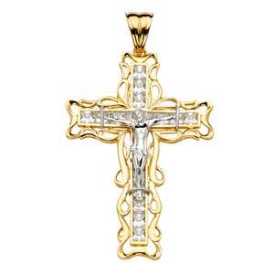 14K Yellow Gold Two Tone 44mm Religious Crucifix Pendant