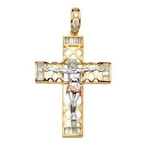 14K Gold Tri Color Two Tone 39mm Religious Crucifix Pendant - silverdepot
