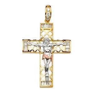 14K Gold Tri Color Two Tone 39mm Religious Crucifix Pendant - silverdepot