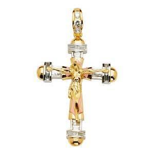 14K Gold Tri Color Two Tone 38mm Religious Crucifix Pendant - silverdepot