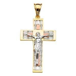 14K Gold Tri Color Two Tone 34mm Religious Crucifix Pendant - silverdepot