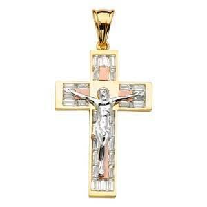 14K Gold Tri Color Two Tone 34mm Religious Crucifix Pendant