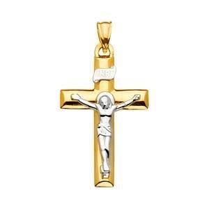 14K Gold Two Tone 20mm Religious Crucifix Pendant - silverdepot