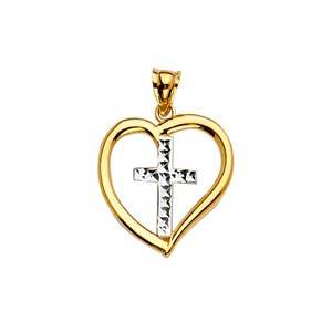 14K Two Tone 17mm Heart Cross Pendant