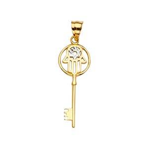 14K Two Tone 9mm Hamsa Key Pendant