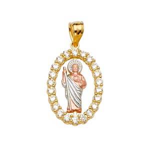 14k Tri Color Gold 15mm CZ San Judas Pendant