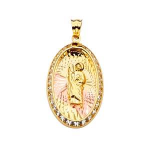 14k Tri Color Gold 15mm CZ San Judas Medal Pendant