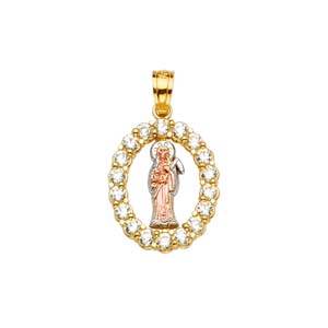 14k Tri Color Gold 15mm CZ Santa Muerte Pendant
