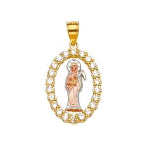 14k Tri Color Gold 15mm CZ Santa Muerte Pendant