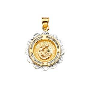 14k Two Tone Gold 19mm CZ Baptism Medal Pendant