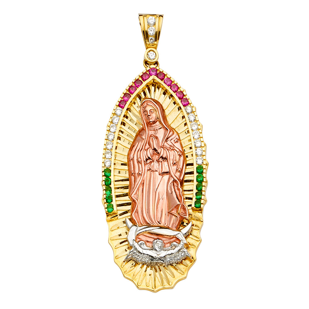 14K Tri Color 31mm Mexican Color CZ Religious Guadalupe Pendant
