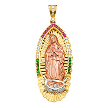 Load image into Gallery viewer, 14K Tri Color 31mm Mexican Color CZ Religious Guadalupe Pendant