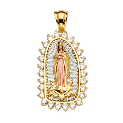 14K Tri Color 23mm CZ Religious Guadalupe Pendant