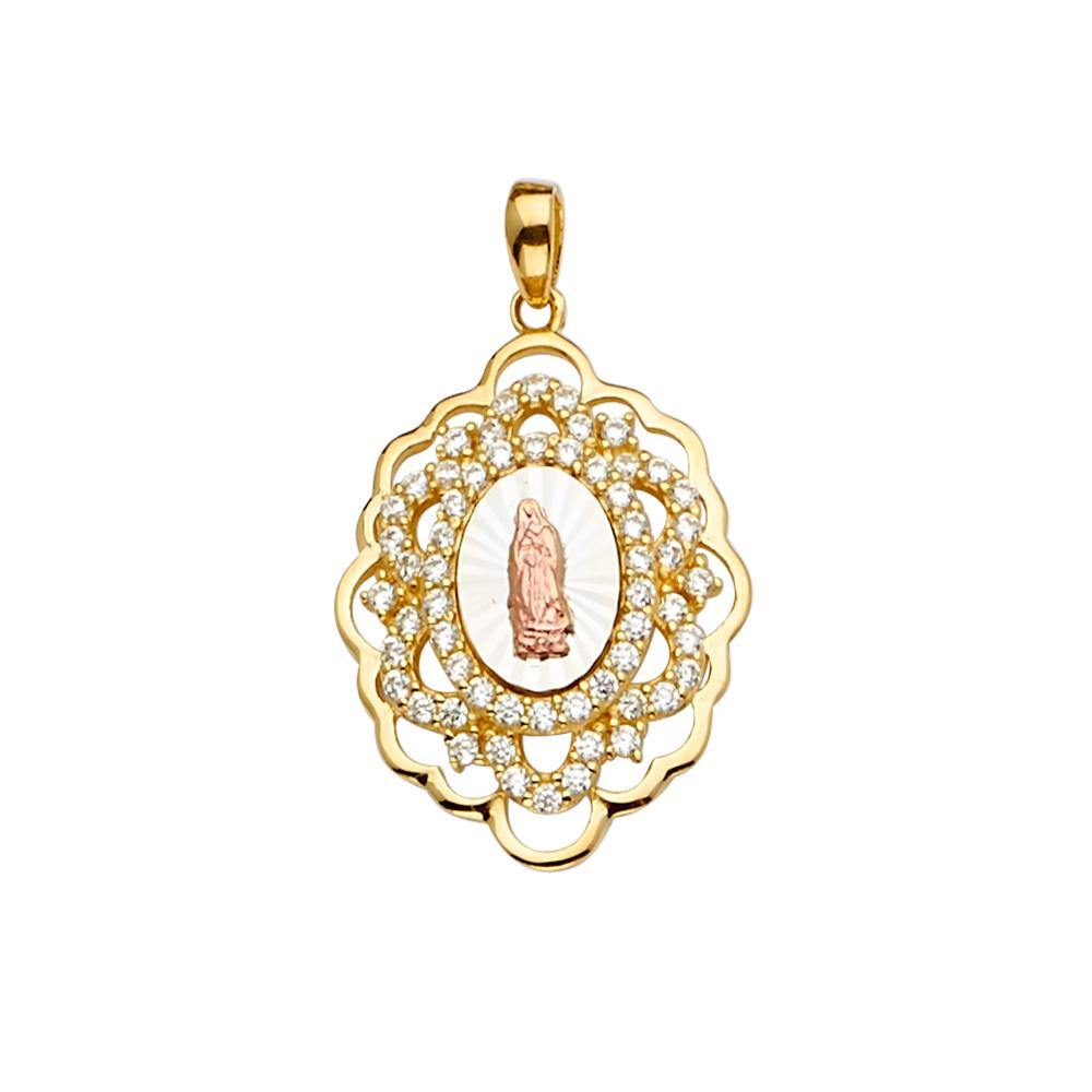14K Tri Color 18mm CZ Religious Guadalupe Medal Pendant