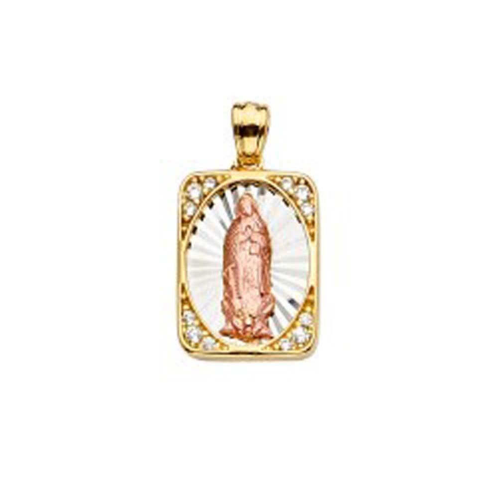 14K Tri Color 12mm CZ Religious Guadalupe Medal Pendant