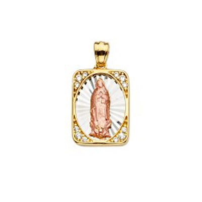 14K Tri Color 12mm CZ Religious Guadalupe Medal Pendant - silverdepot