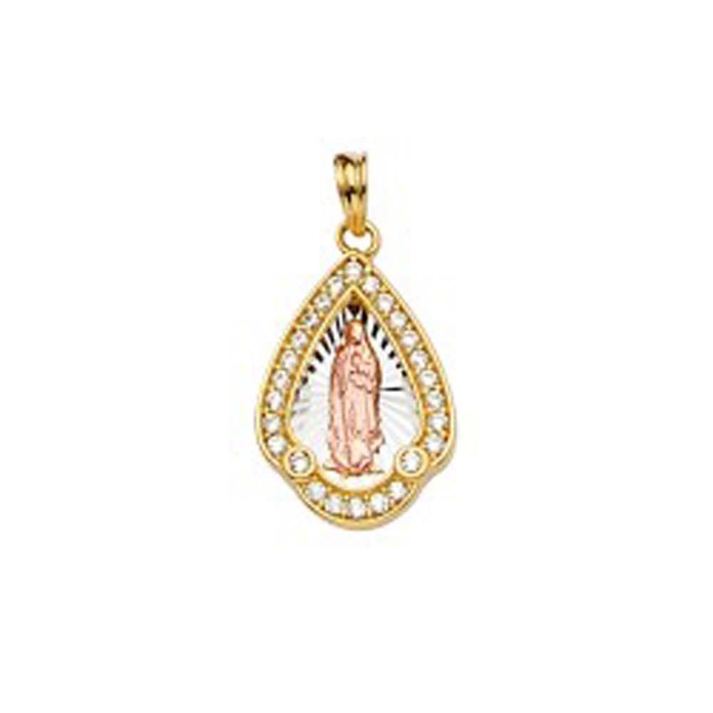 14K Tri Color 12mm CZ Religious Guadalupe Medal Pendant