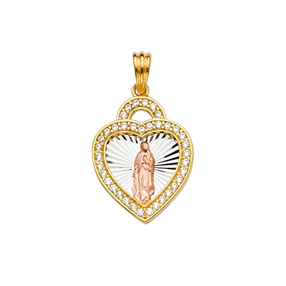 14K Tri Color 15mm CZ Religious Guadalupe Medal Pendant