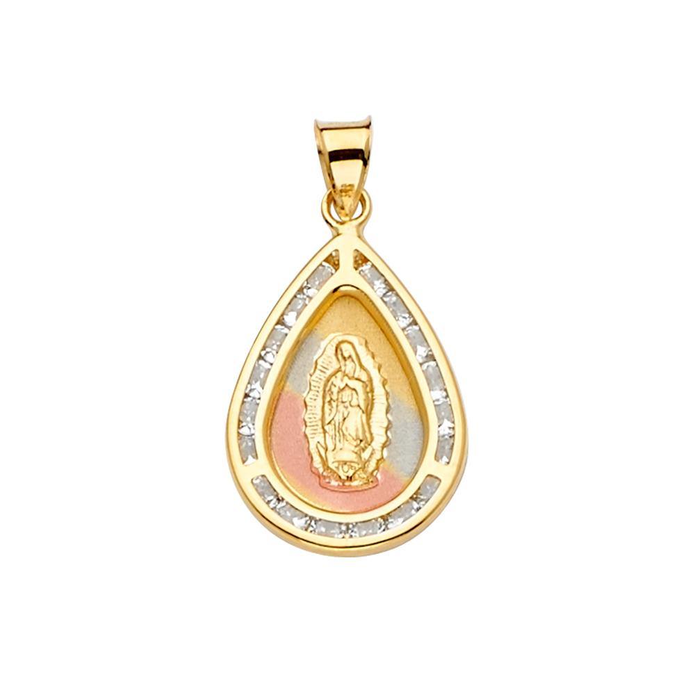 14K Tri Color 15mm CZ Religious Guadalupe Medal Pendant