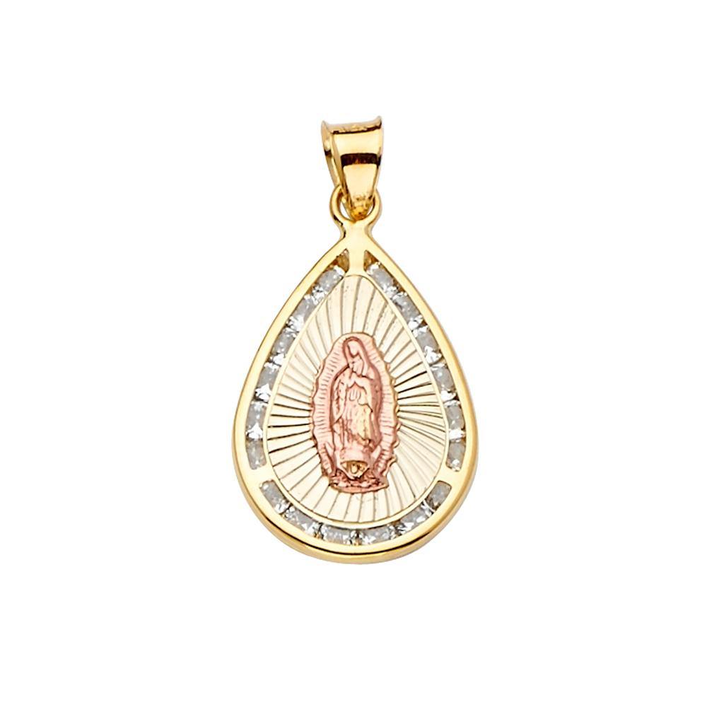 14K Tri Color 15mm CZ Religious Guadalupe Medal Pendant