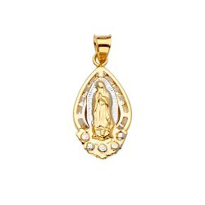 14K Tri Color 12mm CZ Religious Guadalupe Medal Pendant - silverdepot