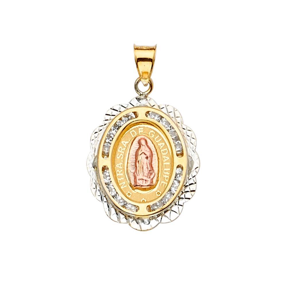 14K Tri Color 17mm CZ Religious Guadalupe Medal Pendant
