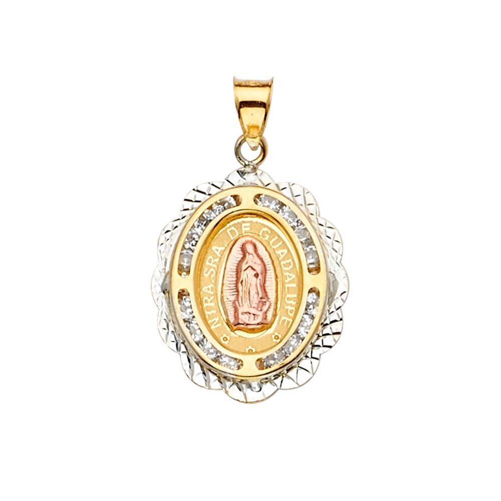 14K Tri Color 17mm CZ Religious Guadalupe Medal Pendant - silverdepot