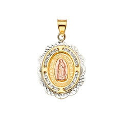 14K Tri Color 17mm CZ Religious Guadalupe Medal Pendant