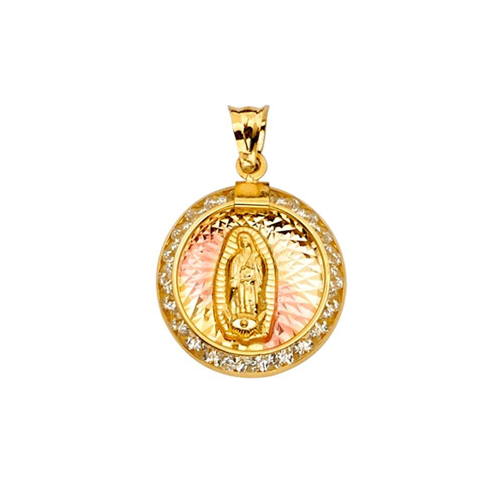 14K Tri Color 16mm CZ Religious Guadalupe Medal Pendant