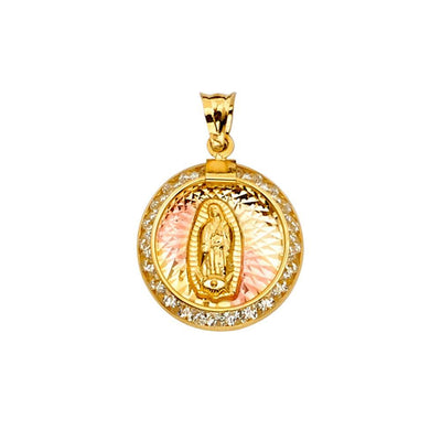 14K Tri Color 16mm CZ Religious Guadalupe Medal Pendant - silverdepot