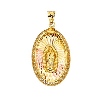 14K Tri Color 16mm CZ Religious Guadalupe Medal Pendant - silverdepot