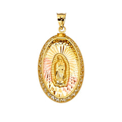 14K Tri Color 16mm CZ Religious Guadalupe Medal Pendant