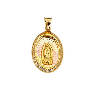 14K Tri Color 14mm CZ Religious Guadalupe Medal Pendant - silverdepot