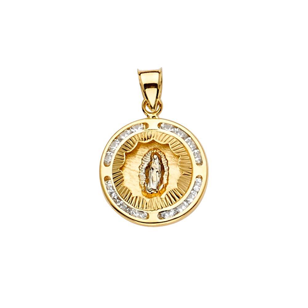 14K Tri Color 15mm CZ Religious Guadalupe Medal Pendant
