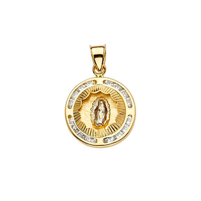 14K Tri Color 15mm CZ Religious Guadalupe Medal Pendant - silverdepot
