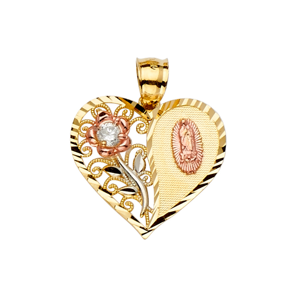 14KTri Color 22mm Heart With Flower Religious Guadalupe Pendant