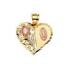 Load image into Gallery viewer, 14KTri Color 22mm Heart With Flower Religious Guadalupe Pendant
