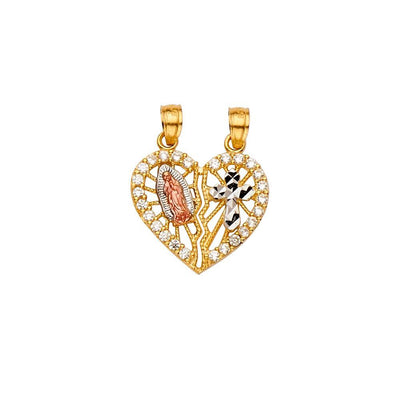 14K Tri Color 19mm Heart CZ Religious Guadalupe Cross Pendant - silverdepot
